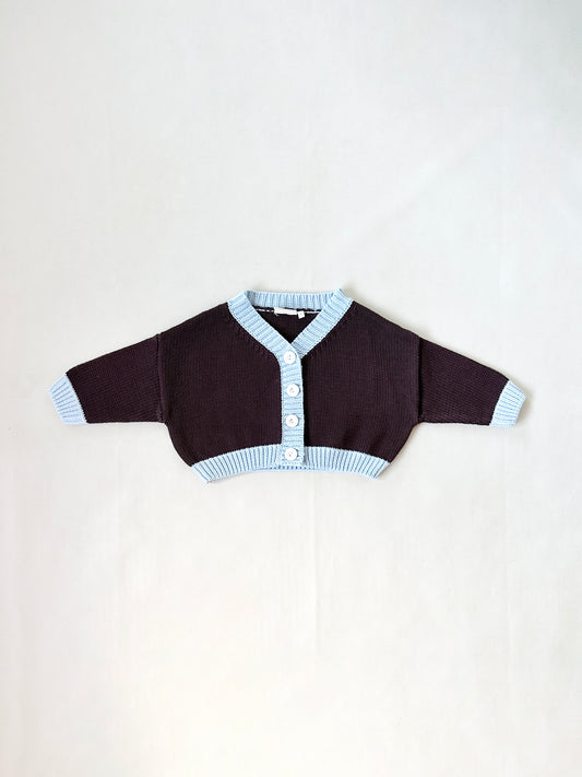 Rhea Contrast Knit Cardigan - Coffee/Sky